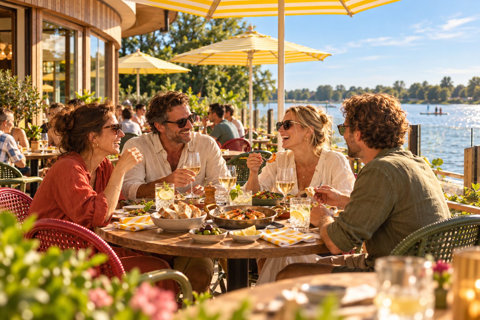 Vrienden die lunchen onder de gele parasols op het terras van Brisa aan het water